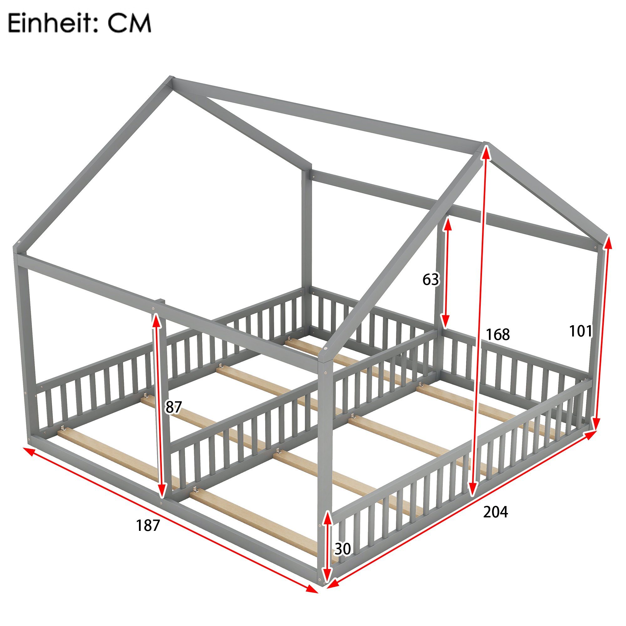 Kinderbett Einzelbetten, Grau (flache Matratze 2-in-1-Betten), Hausmodelle, Funktionsbett Holzbett ohne Betten, 2-in-1-Betten WISHDOR