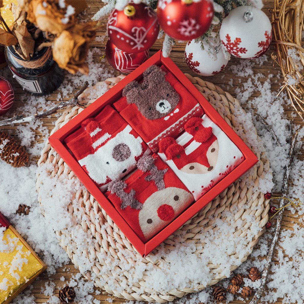 XDeer Thermosocken Wintersocken(3/4 Paar)Weihnachtssocken/Sushi Socken/Pizza Socken (Box, 4-Paar) Thermosocken Flauschige Weihnachtsgeschenke socken mit Geschenk Box red