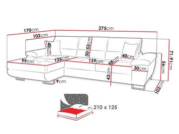 MIRJAN24 Ecksofa Cotere Mini Cord, mit Bettkasten und Schlaffunktion, Einstellbare Kopfstützen, L-Form mit zwei Kissen