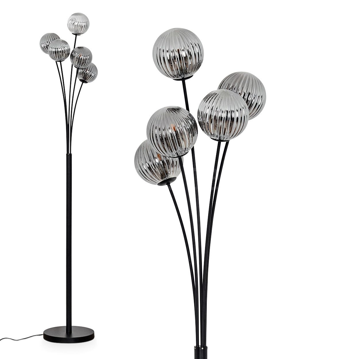 hofstein Stehlampe dimmbare Stehlampe aus Metall/Glas in Schwarz/Rauchfarben/Riffelglas, ohne Leuchtmittel, Standleuchte Glaskugeln Ø12cm, dimmbar, 5xG9, ohne Leuchtmittel
