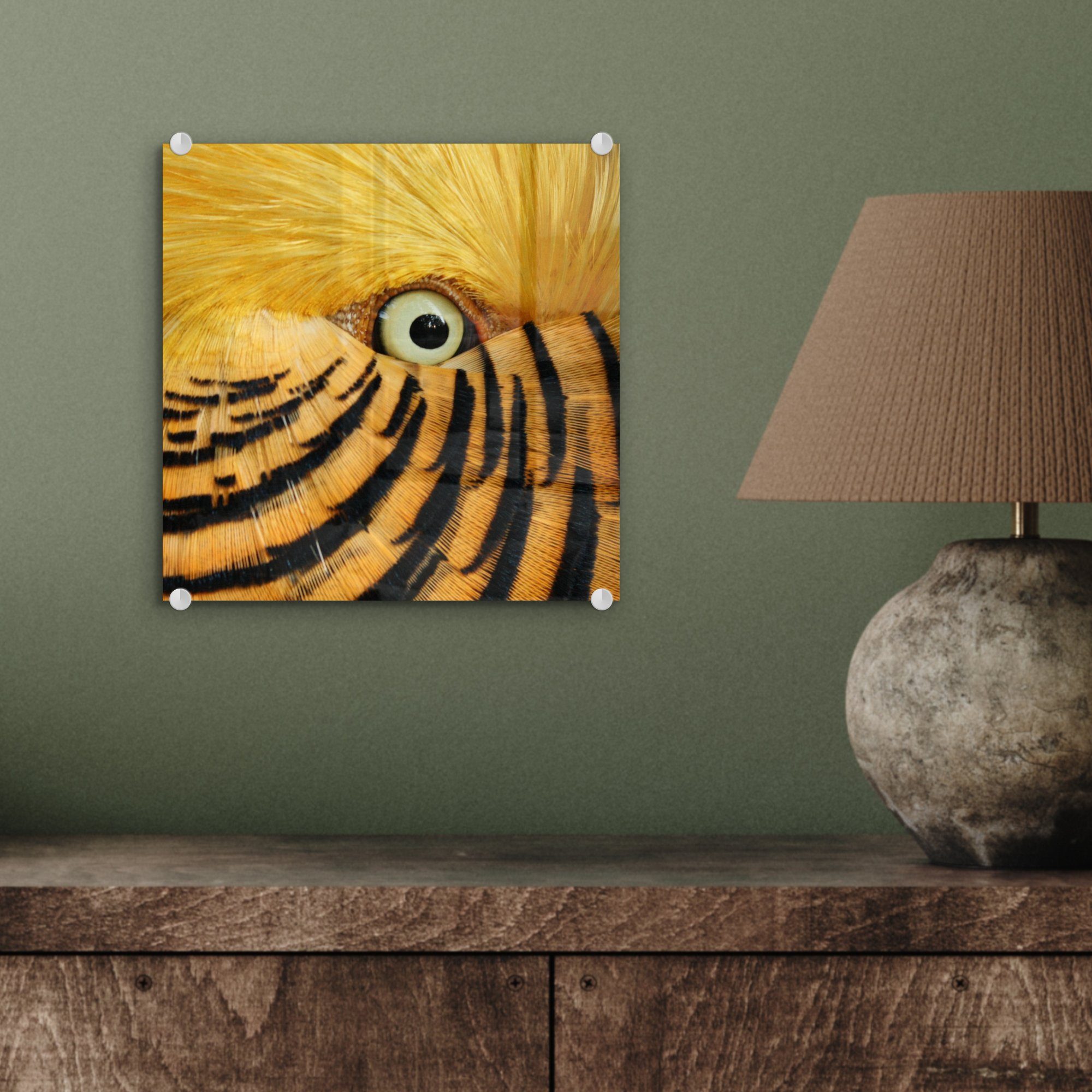 Glas - Auges - St), Federn eines - und gelben Foto Wanddekoration Wandbild Glas (1 schwarzen, Glasbilder Acrylglasbild mit auf auf Nahaufnahme Vogels des MuchoWow Bilder