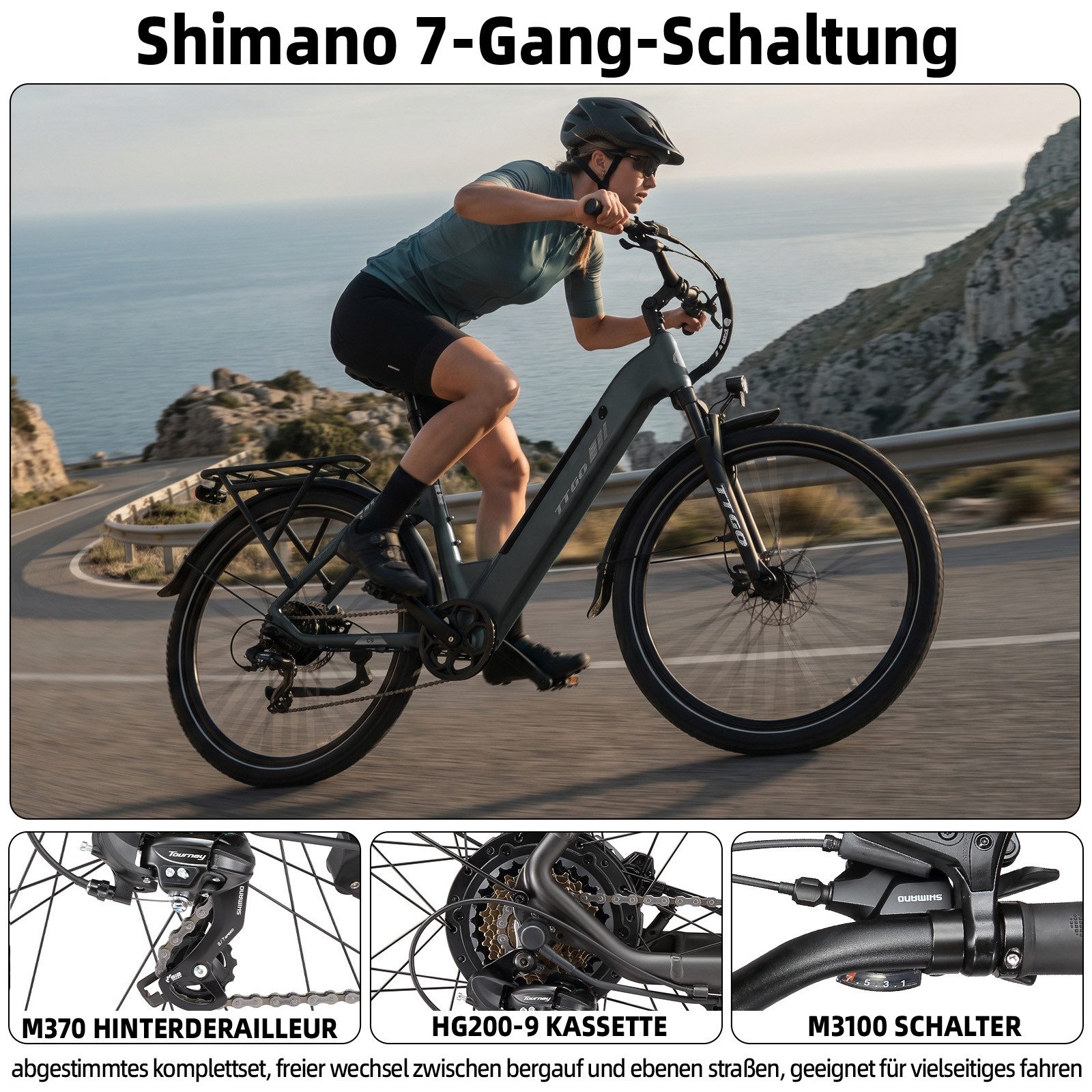 TTGO E-Bike Cityrad 28 Zoll, 70 Nm, Federsattelstütze, C5, für Alltag, Pendeln und Touren, 7 Gang Shimano, Kettenschaltung, Heckmotor, 648 Wh, City Pedelec mit 110 km Reichweite & Hydraulikbremsen