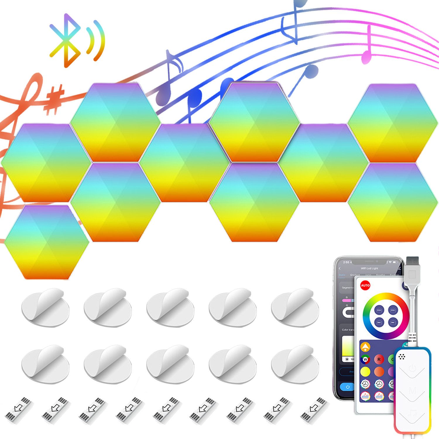 ZEUOPQ LED Dekolicht LED Dekolicht DIY Intelligente sechseckige LED-Wandleuchte RGB 10Stück, mit Musiksynchronisation, Mit Bluetooth und Fernbedienung, für Wohnräume Schlafzimmer uws.