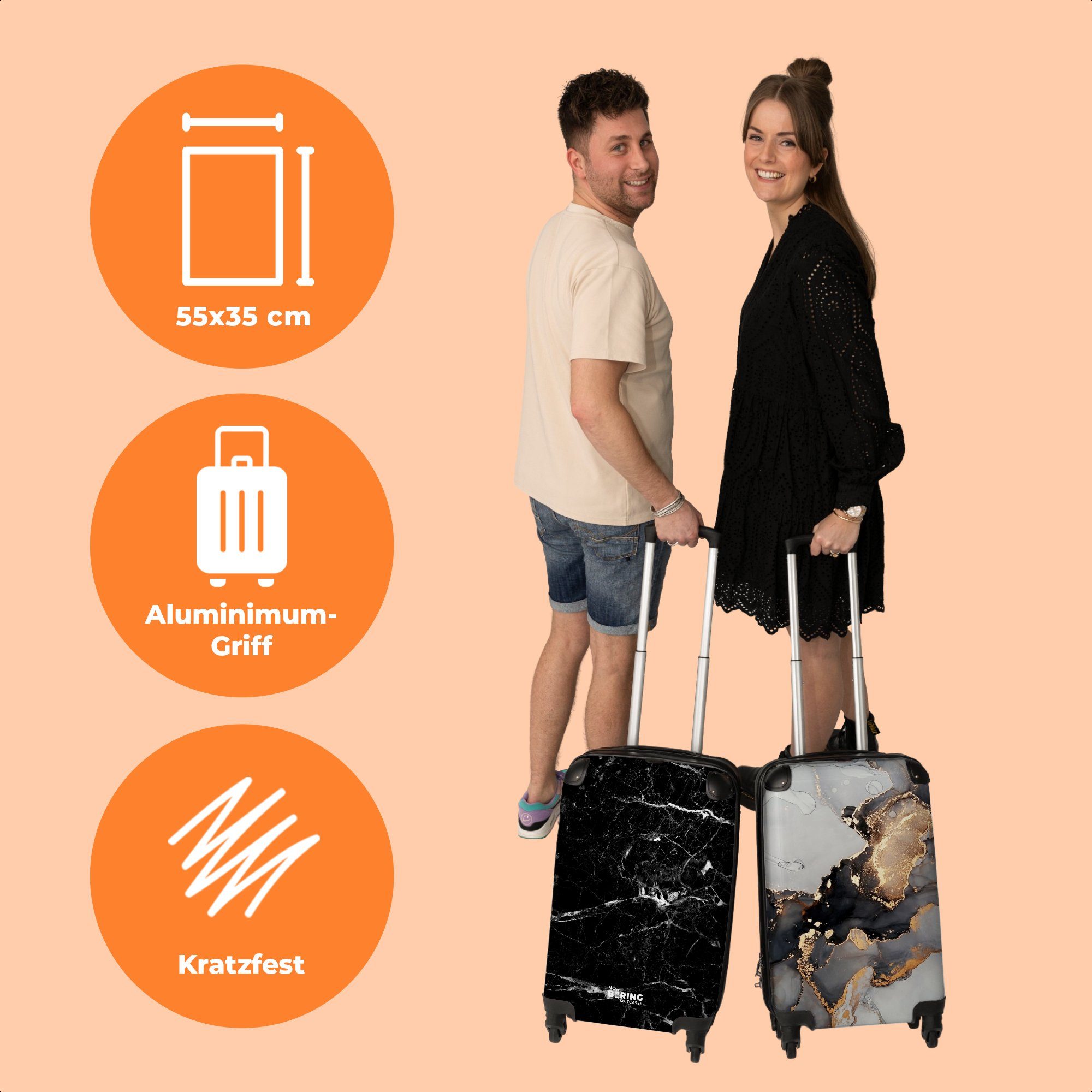 NoBoringSuitcases.com© Handgepäckkoffer Marmoroptik - Schwarz Rollen, 4 Reisekoffer Trolley Kleine - - 55x35x20cm - 4 Luxus, Cabin Rollkoffer Rollen Marmor Handgepäck mit