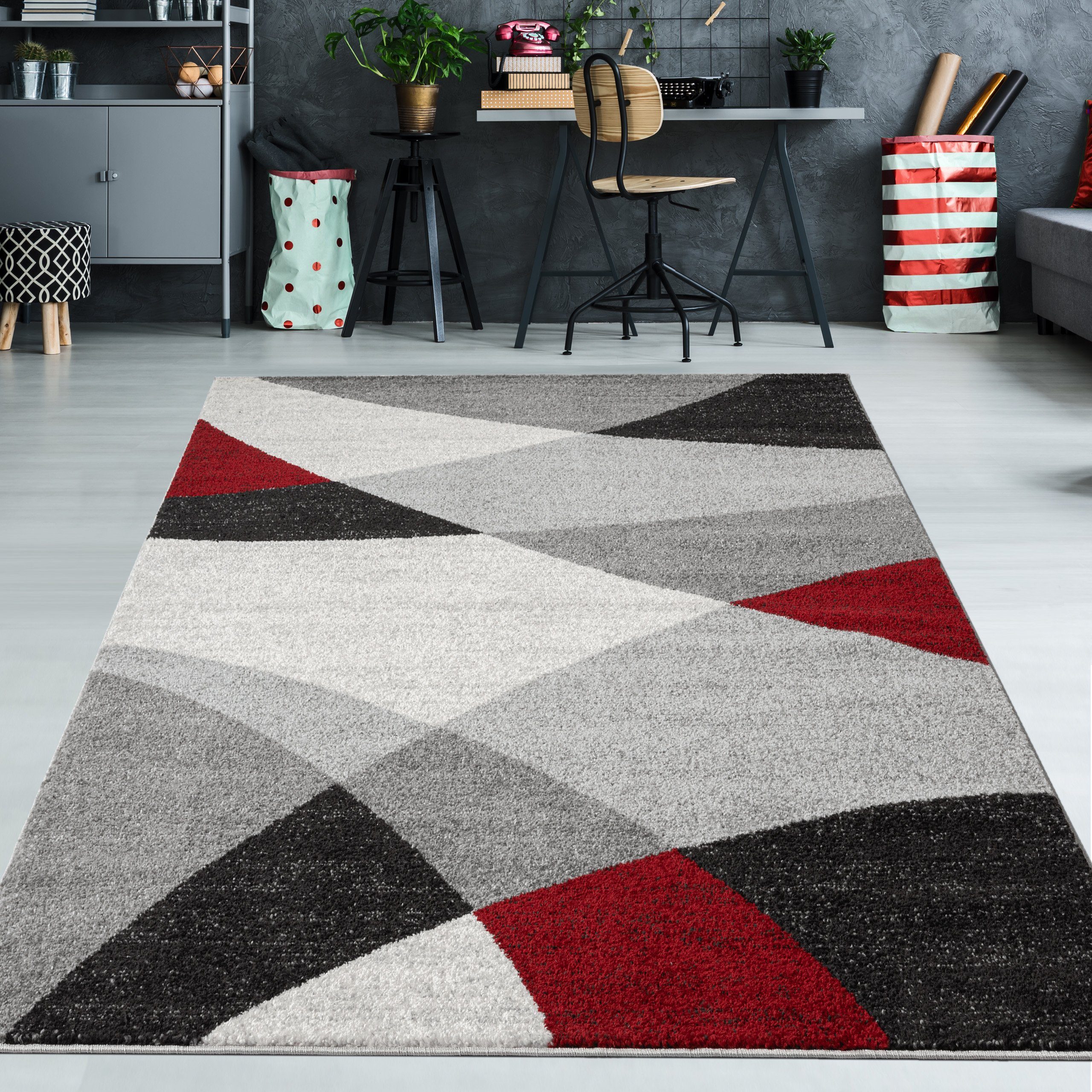 TeppichHome24 Teppich Moderner Teppich mit geometrischen Muster grau rot, rechteckig