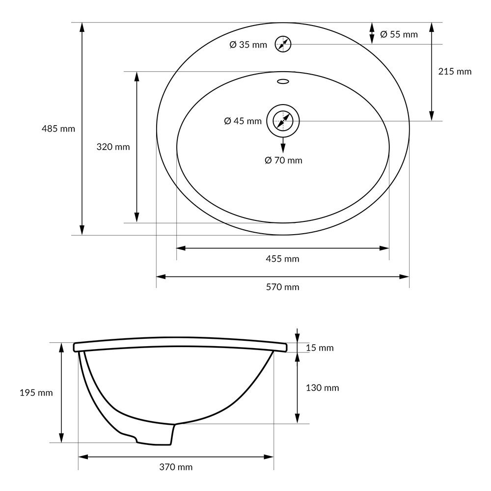 LuxeBath Waschbecken Aufsatzwaschbecken Keramik mit Ablaufgarnitur Waschbecken mit Überlauf, Keramik Weiß 57x48,5x19,5cm Oval inkl. Ablaufgarnitur mit Überlauf – Bild 5 von 5
