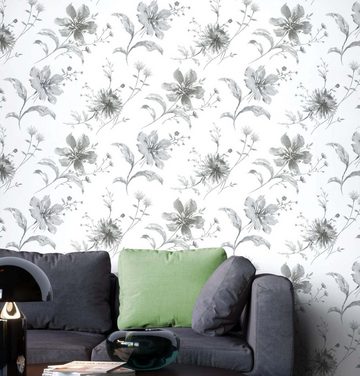 Newroom Vliestapete, Grau Tapete Floral Blumen - Blumentapete Mustertapete Schwarz Weiß Modern Romantisch Pflanzen Natur für Wohnzimmer Schlafzimmer Küche