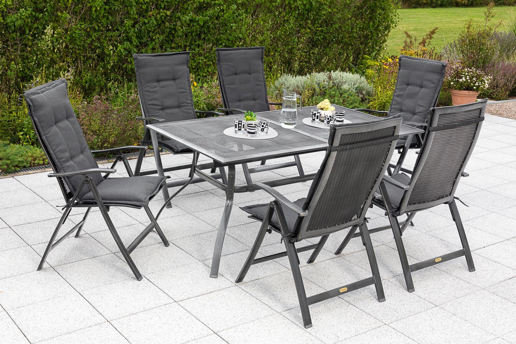 MERXX GartenEssgruppe Delphi, (7tlg), 6 Klappsessel mit ausziehbarem