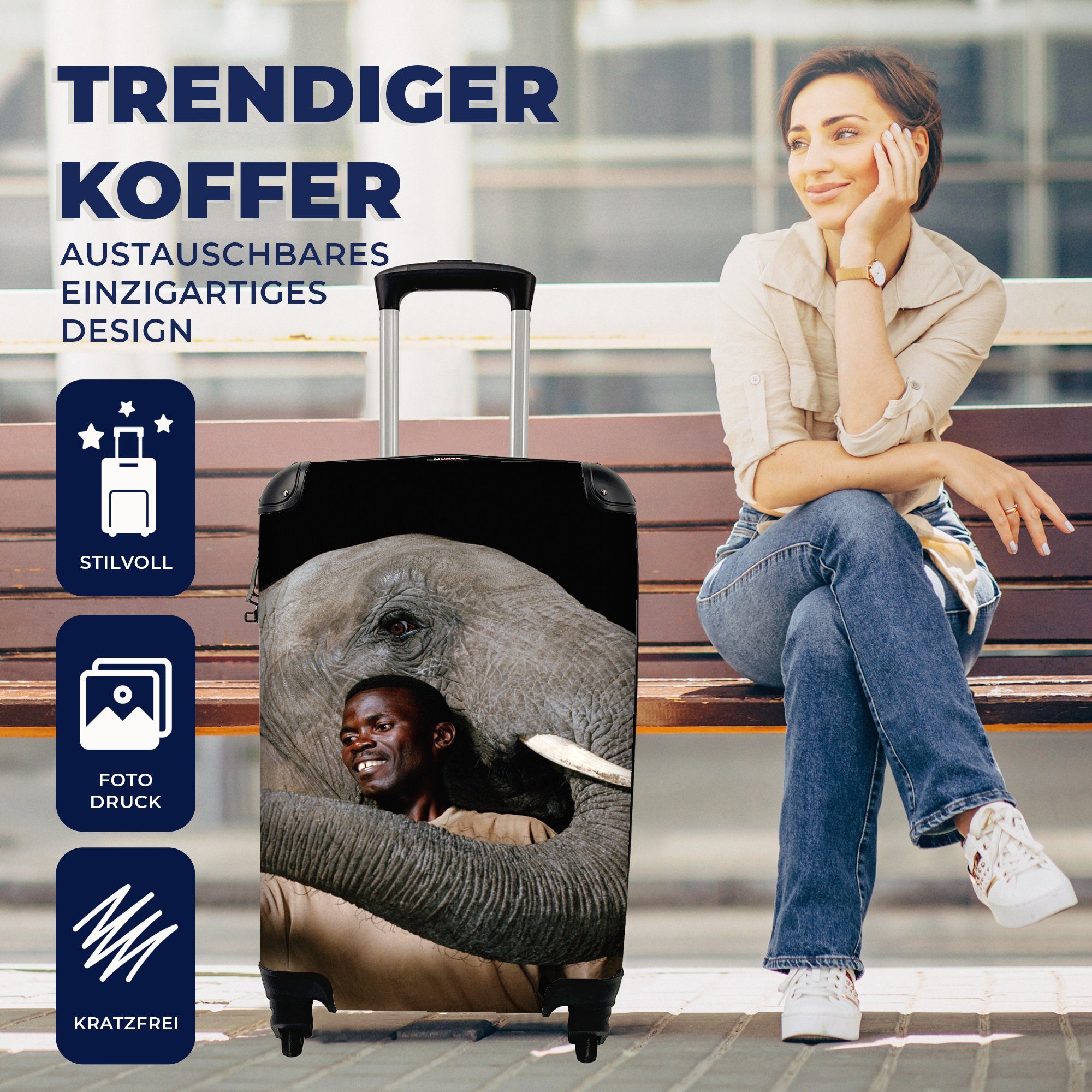 Tiere - Männlich Reisekoffer Handgepäck Schwarz, mit 4 Elefant Rollen, Ferien, Handgepäckkoffer Trolley, rollen, Reisetasche MuchoWow - für -