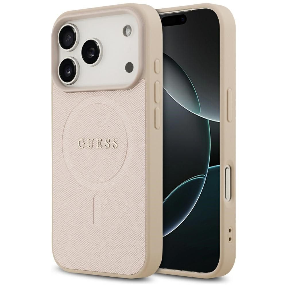 Guess Handyhülle iPhone 17 Pro Kunstleder geprägt rosa Logo goldfarbig MagSafe 6,3 Zoll, Kantenschutz