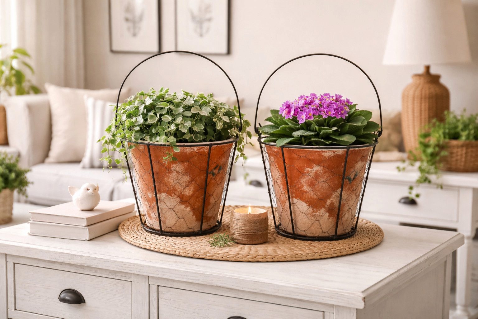finehomegarden Blumentopf Topf Zement VALO mit Draht und Henkel 2er Set terra Übertopf (Set, 2 St., 2 tilg), Shappy Antik Blumentopf H16cm+H18cm 2Größen wählbar