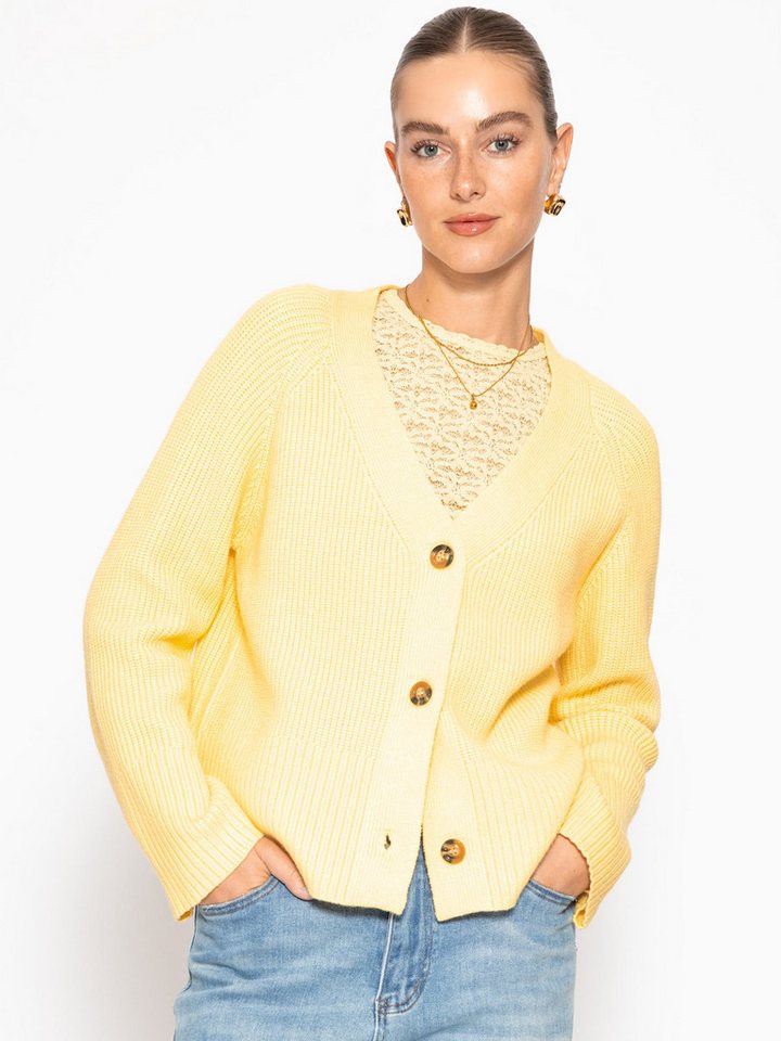 SASSYCLASSY Cardigan Gerippter Cardigan mit V-Ausschnitt für Damen Strickjacke mit markanter Knopfleiste und weiten Ärmeln