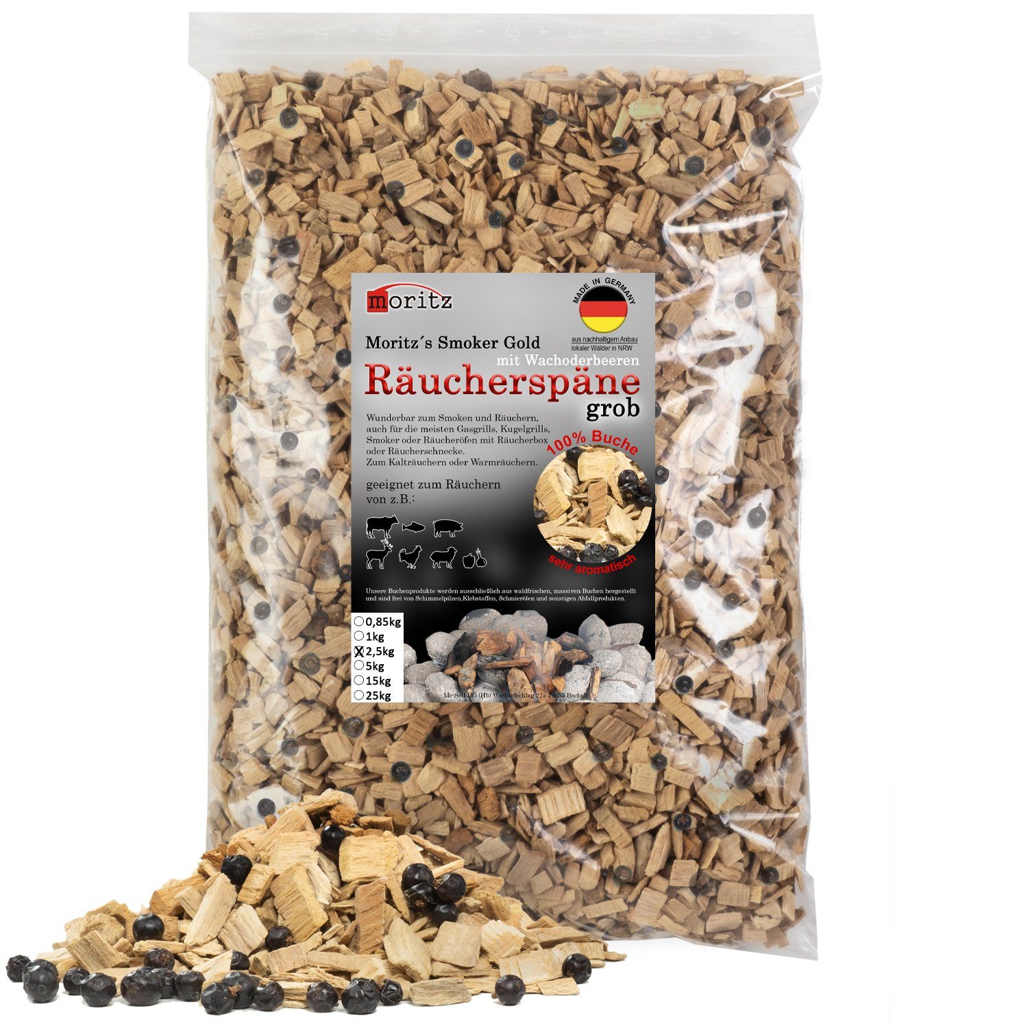 Moritz Räucherbox 2,5kg Räucherspäne Buche mit Wacholder grob 6 -12 mm Räucher Mehl Späne für Schnecke Sparbrand Spirale Fisch Fleisch