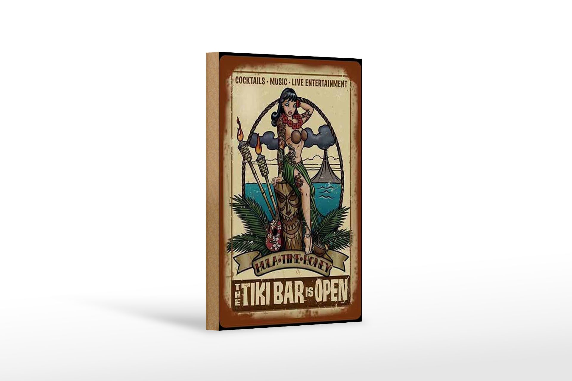 Femer GmbH Holzbild Pin Up 12x18 cm TIKI Bar is Open Cocktail Music, Essen Trinken Genuss, Feiern Party Musik (1 St), Glatte Holzfaserplatte (MDF), vorn beschichtet