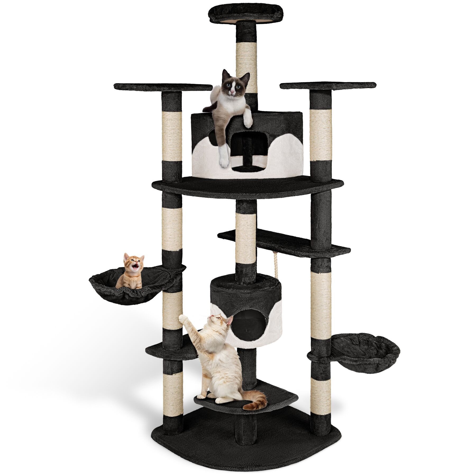 tectake Kratzbaum Katzenbaum Fippi 201 cm Diverse Farben schwarz-Weiss, Vielseitig mit robusten Sisalstangen und Plüschoberfläche