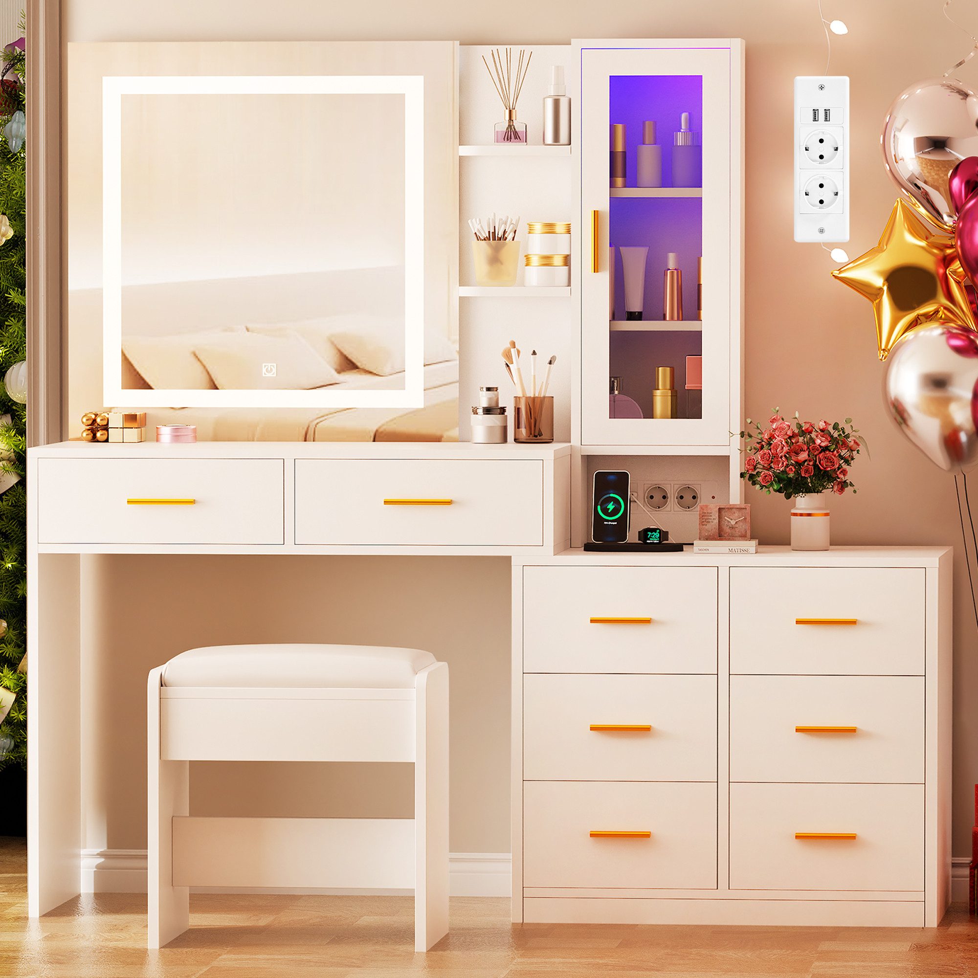 BEWISHOME Schminktisch mit Spiegel und Hocker, acht Schubladen, 131 x 40x 140cm (1-St), farbiger Beleuchtung und einstellbarer LED-Beleuchtung