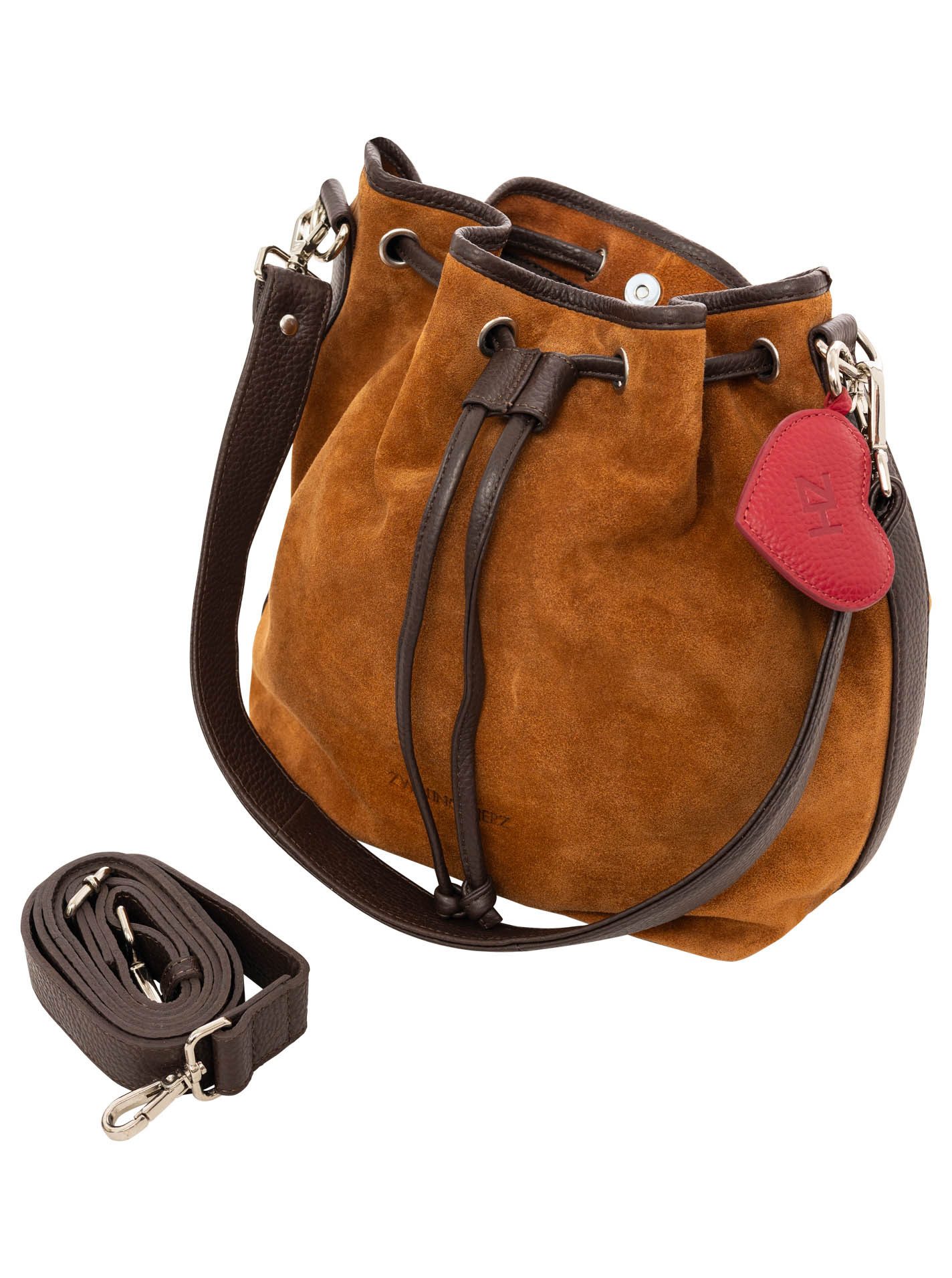 Zwillingsherz Beuteltasche "Suede Drawstring Bag", Beuteldesign, Kordelzug-Verschluss, softes Wildleder, Herz-Anhänger