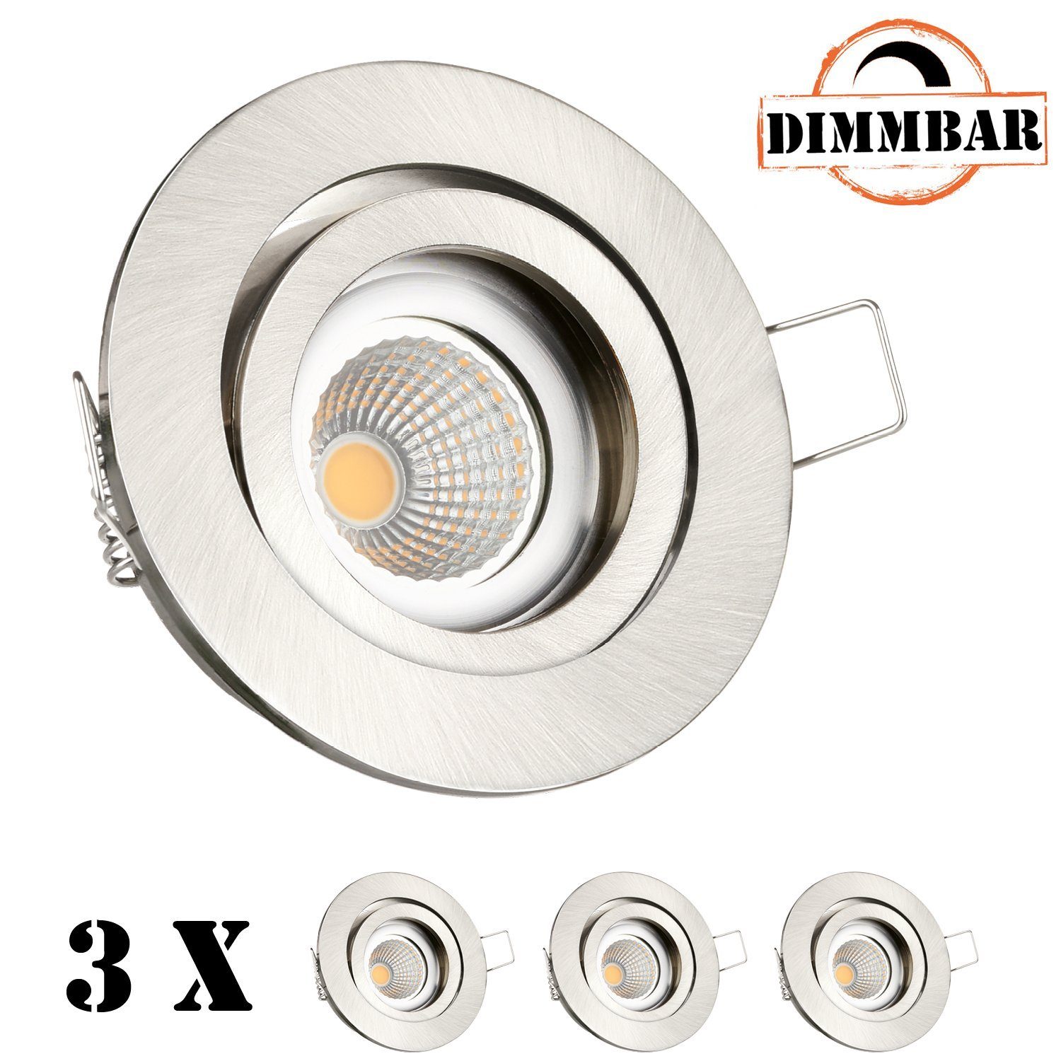 LEDANDO LED Einbaustrahler 3er LED Einbaustrahler Set EXTRA FLACH (35mm) in Silber gebürstet mit