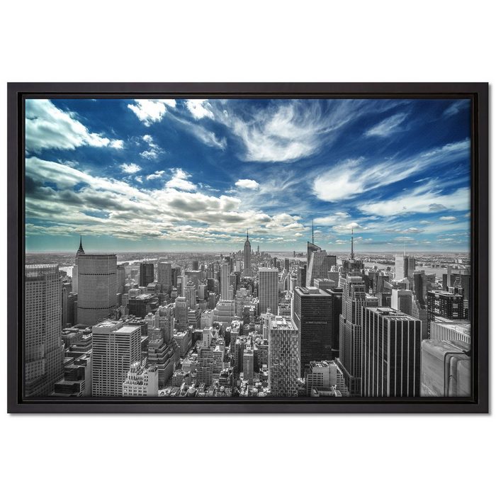 Pixxprint Leinwandbild New York unter bewölktem Himmel Wanddekoration (1 St) Leinwandbild fertig bespannt in einem Schattenfugen-Bilderrahmen gefasst inkl. Zackenaufhänger