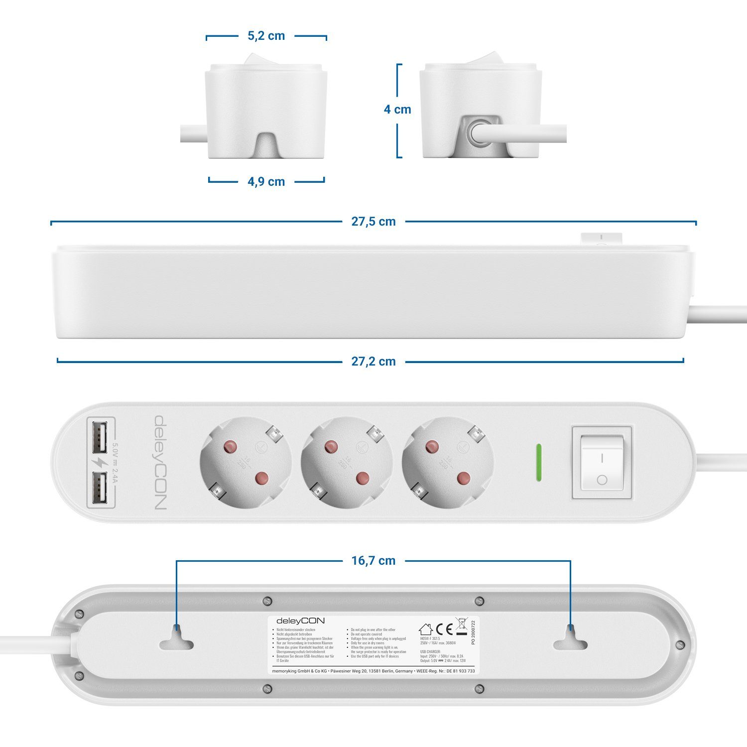 deleyCON deleyCON 1,5m 3 Fach Steckdosenleiste mit Steckdosenleiste Schalter USB EIN/AUS & Weiß