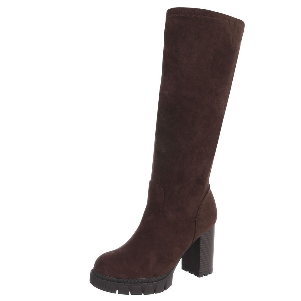 Ital-Design Damen kniehoher Stiefel mit Blockabsatz und Profilsohle High-Heel-Stiefel (92002404) Blockabsatz Stiefel in Braun