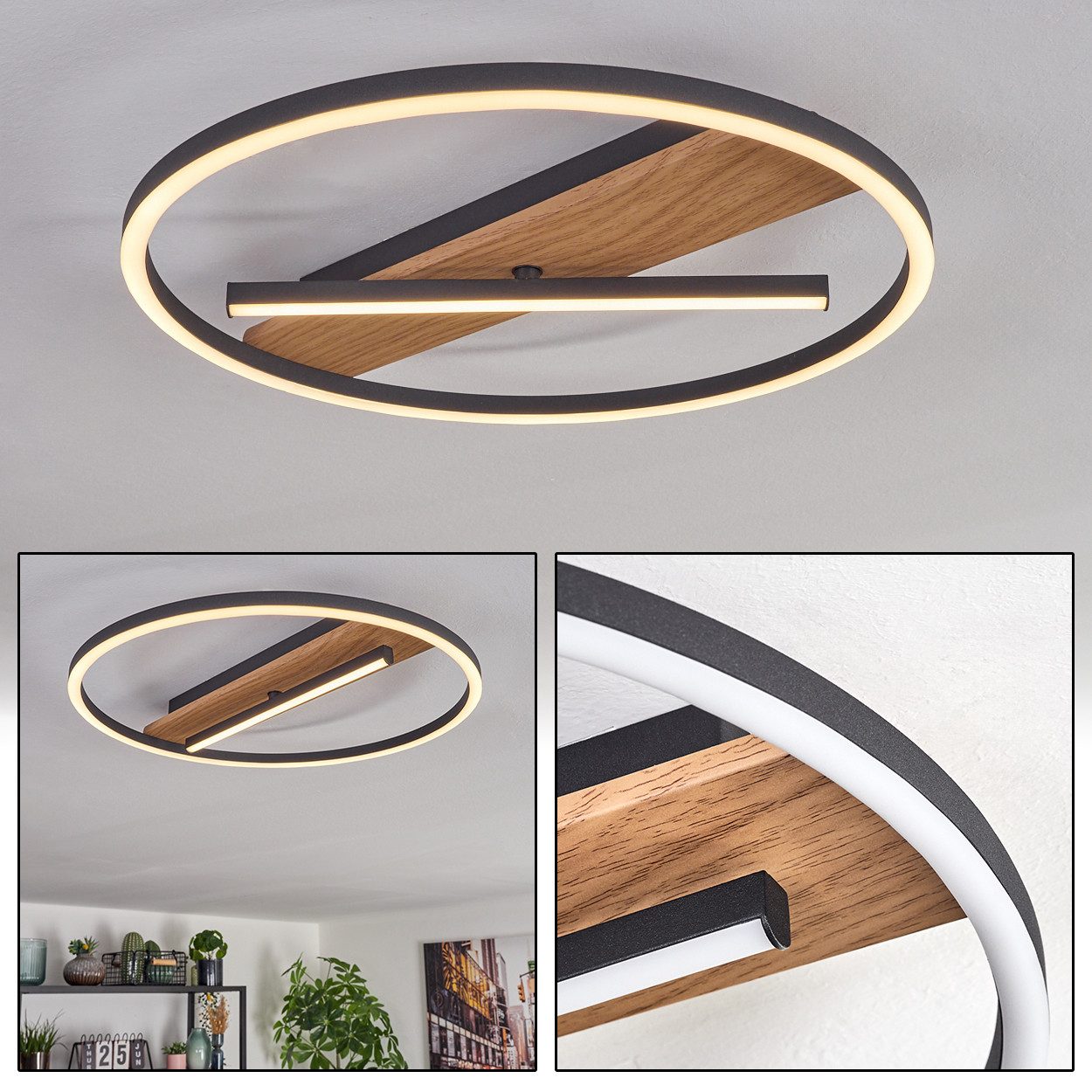 hofstein Deckenleuchte Deckenlampe aus Metall/Kunststoff in Schwarz/Holzoptik/Weiß, ohne Leuchtmittel, verstellbare Leuchte im Boho-Design, 24 Watt, 2900 Lumen