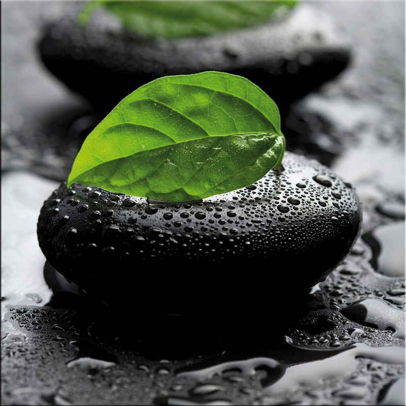 artissimo Glasbild Glasbild 30x30cm Bild Wellness Zen Steine Blatt grün, Steine und Blumen