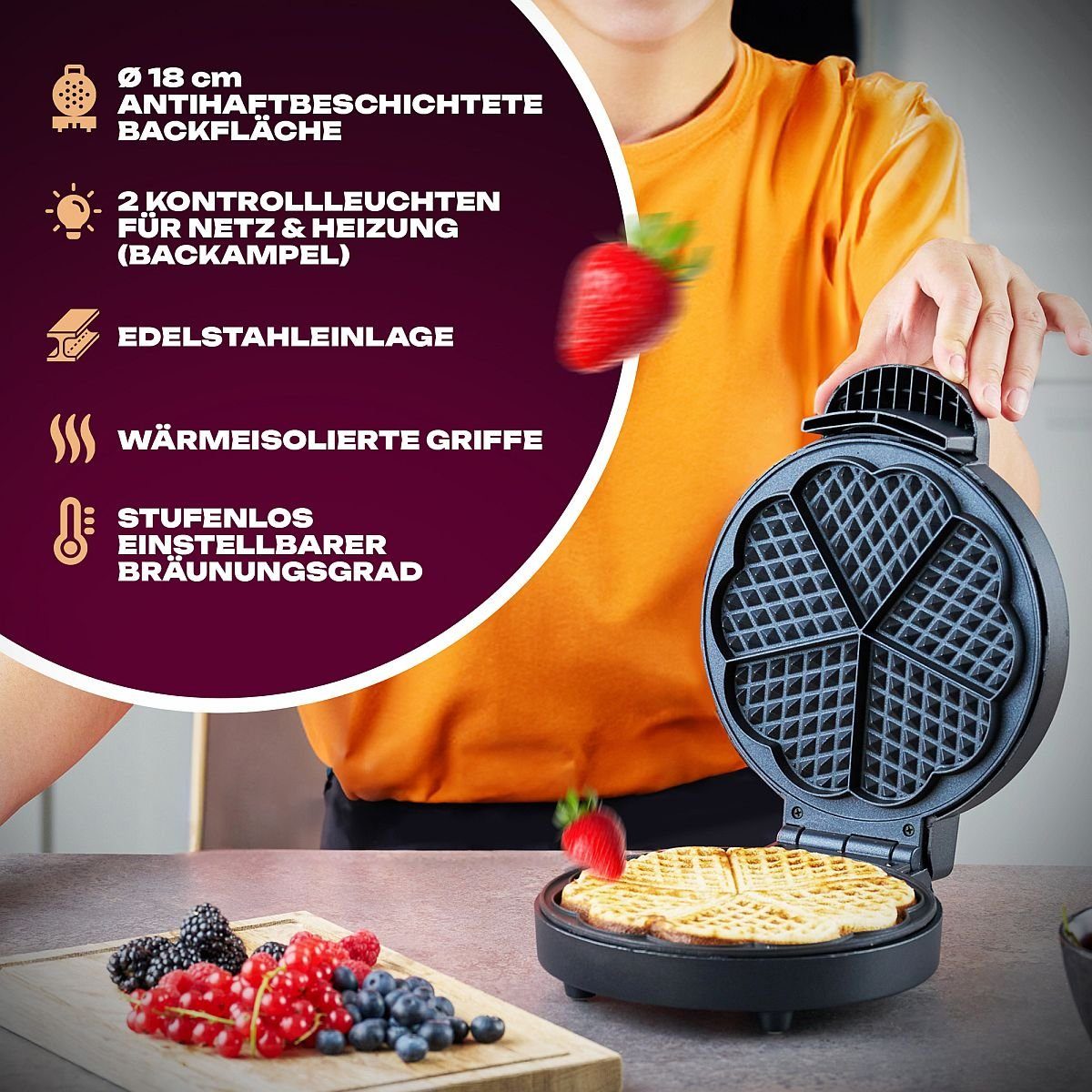 BOMANN Waffeleisen WA 1365 CB, Waffeleisen 18cm Backfläche, antihaftbeschichtet
