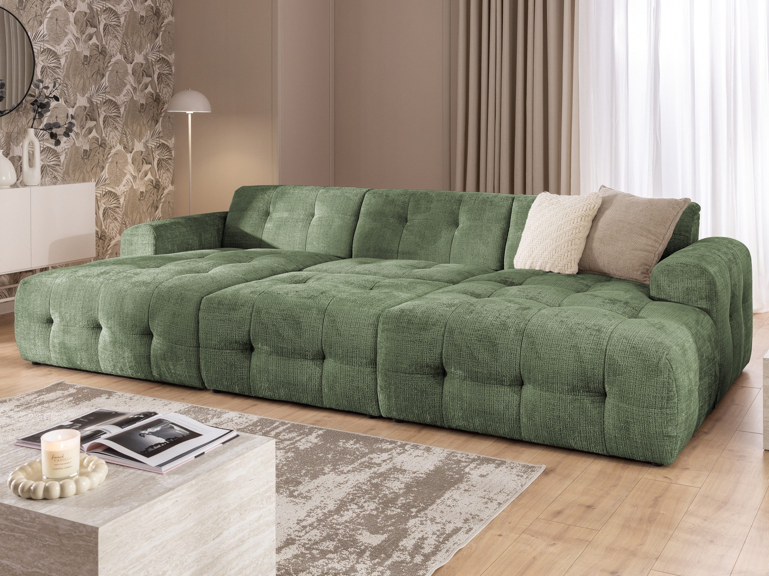 S-Style Möbel Wohnlandschaft und Hocker Kozy Bumpy-Design mit Schlaffunktion & fester Rückenlehne, aus weichem Chenille-Stoff, mit Wellenfederung