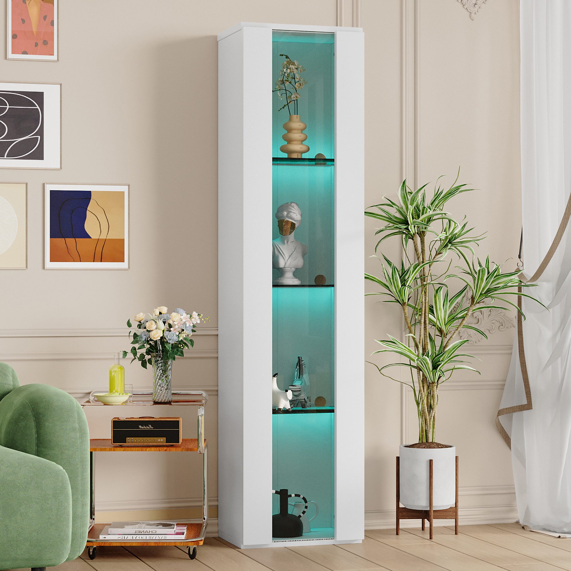 Flieks Glasvitrine Hochschrank Vitrine mit LED-Beleuchtung und Glaseinlegeböden (wandmontage oder bodenstehend, 1-St., B40/T29/H170 cm) multifunktionale Standvitrine mit Acryltüren Wohnzimmerschrank Weiß