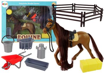 LEAN Toys Spielfigur Pferdefigur Pferd Tier Zubehör Spielzeug Mähne Schubkarre Zaumzeug Set