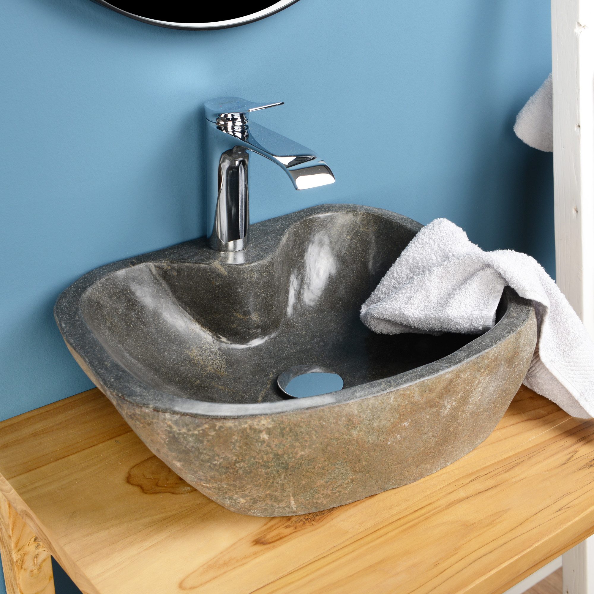 wohnfreuden Aufsatzwaschbecken Naturstein-Waschbecken 40 cm mit Hahnloch (Kein Set), NEW-4170
