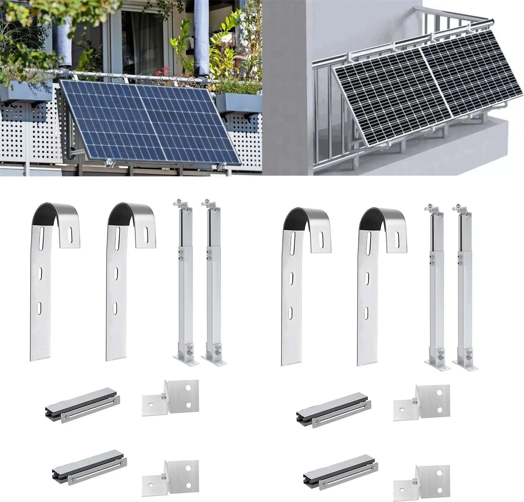 Rhein Beleuchtung Balkonkraftwerk Balkonkraftwerk Halterung für 2 Solarmodule mit runden Haken, 0 W, Edelstahl (Haken), Aluminium (Ständer & Schienen), (Set, 2-St., Photovoltaik Befestigungsset für Balkon, Wand, Carport u. v. m), 15–30° Neigungswinkel ein