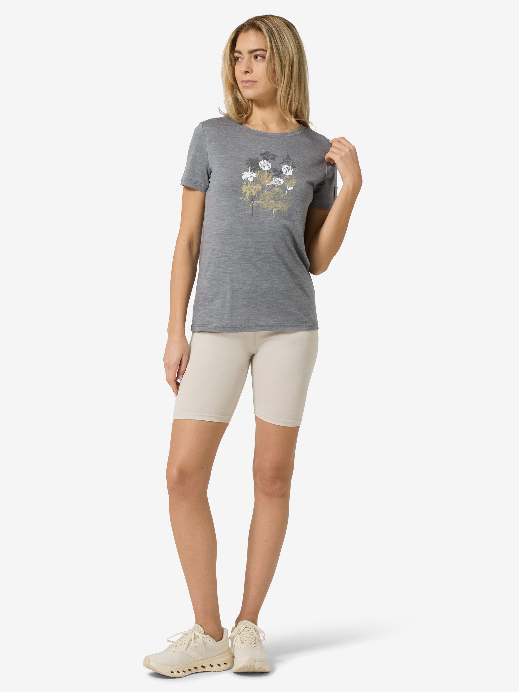 SUPER.NATURAL T-Shirt für Damen, nachhaltig, Merino W ORCHID BIO J TEE mit Blumen-Motiv, atmungsaktiv