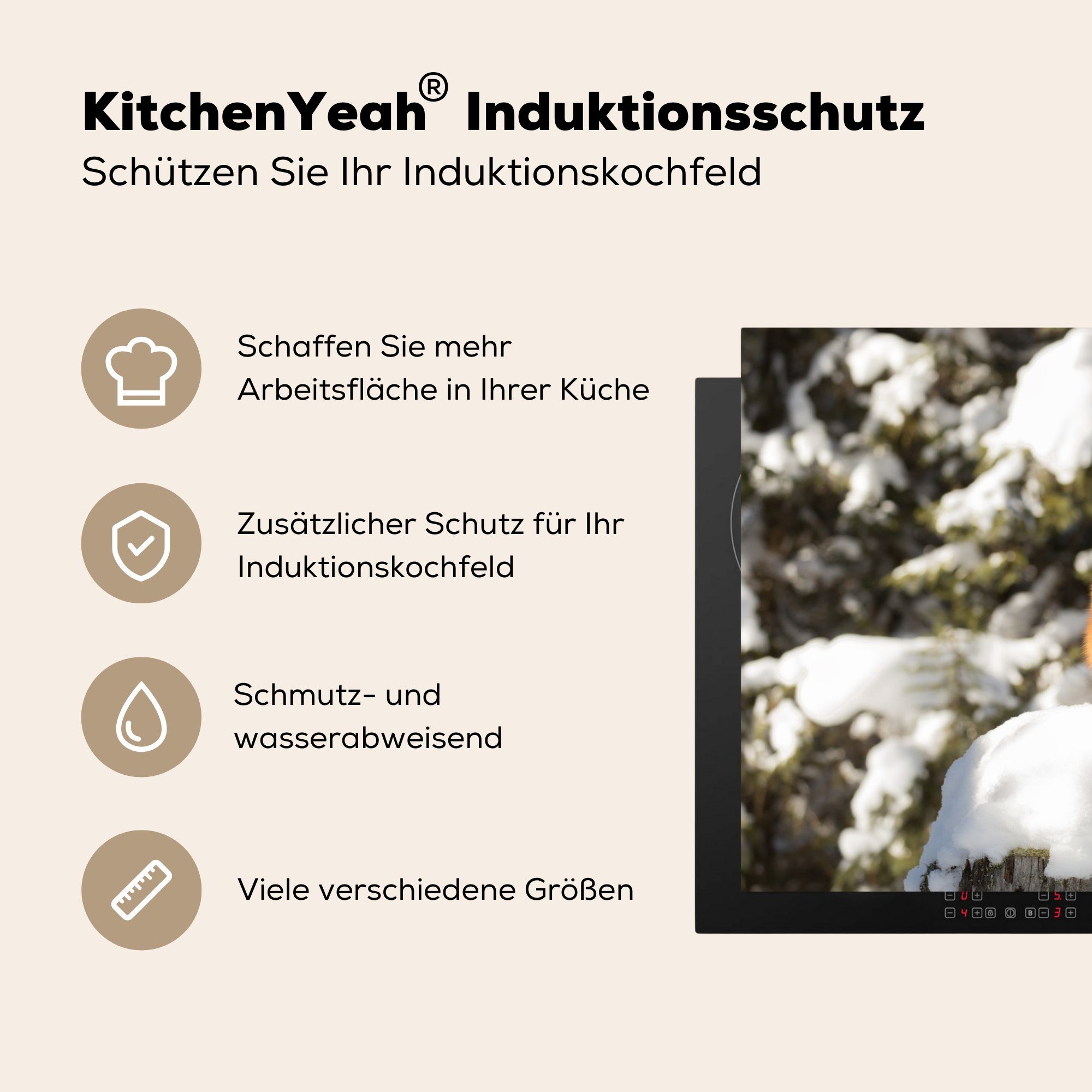 MuchoWow Herdblende-/Abdeckplatte Fuchs - tlg), küche, Schutz für - Vinyl, Schnee 81x52 die Induktionskochfeld cm, Baum, (1 Ceranfeldabdeckung