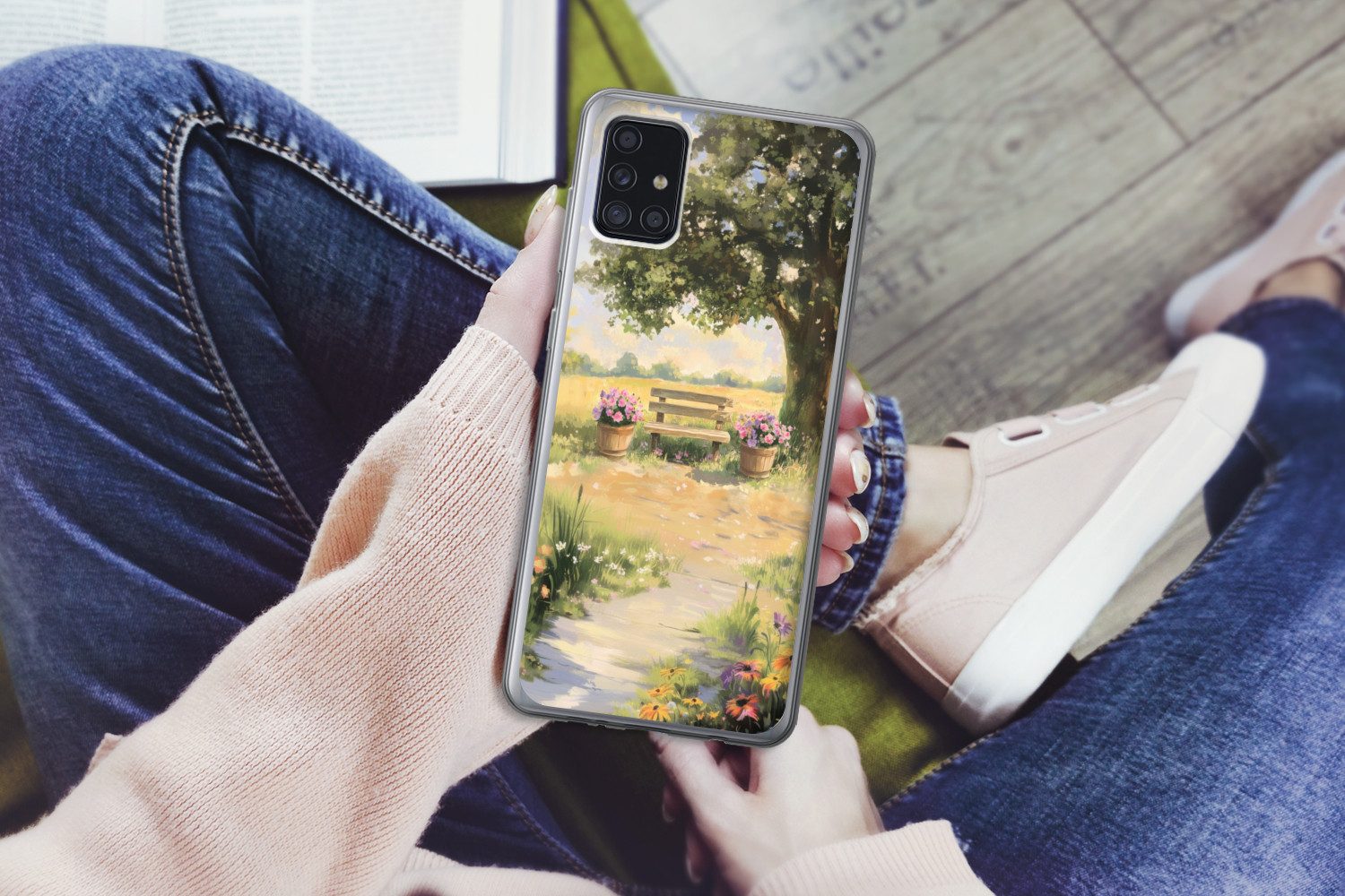 MuchoWow Handyhülle für Samsung Galaxy A52 5G Holzbank - Blumentöpfe - Landschaft, Smartphone-Bumper, Print, Handy Schutzhülle Dünn