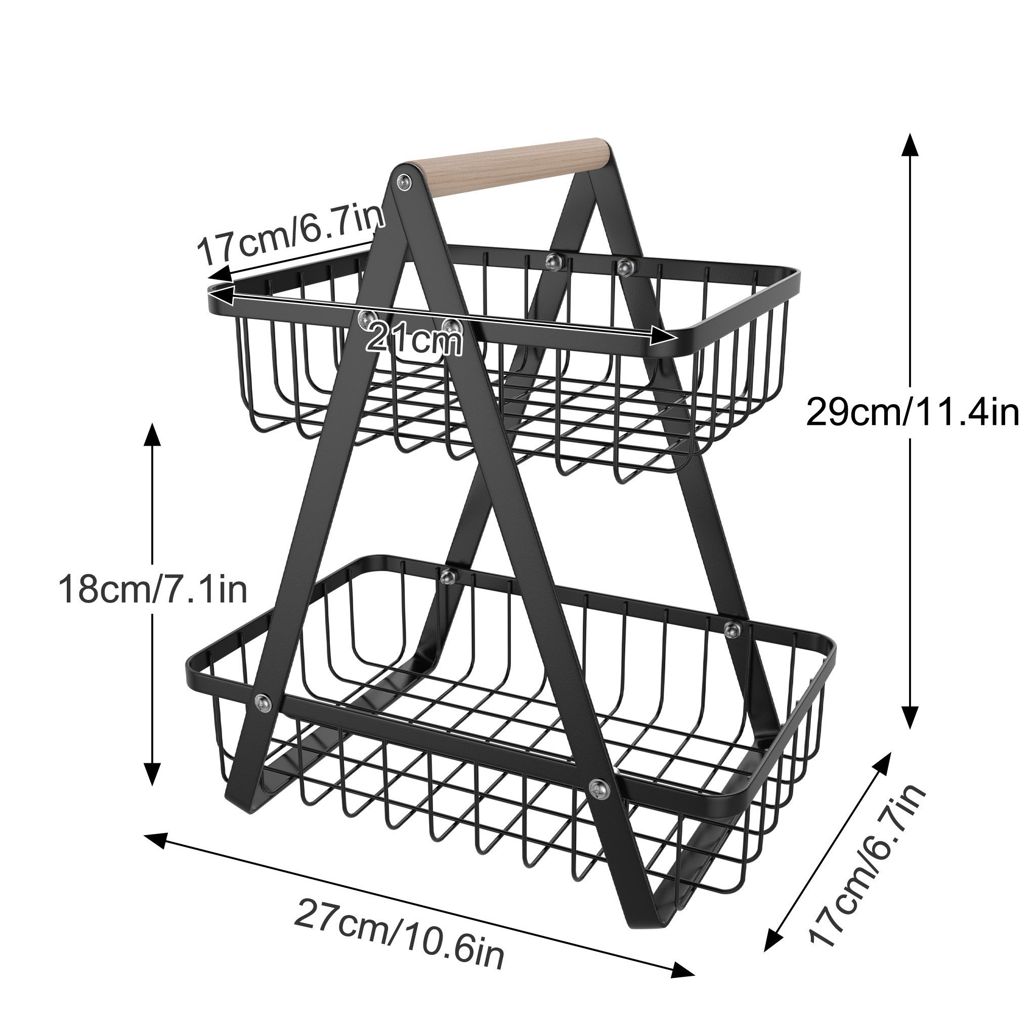 FIVMEN Obstschale Obst Etagere Obstkorb Metall Obst Schüssel Halter ​Brotkorb Ablagekorb, mit Holzgriff Tortenständer Gemüsegestell für Küche, 2 Etagen/3 Etagen