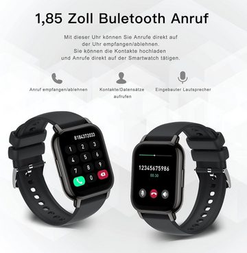 Popglory Smartwatch für Damen Herren Telefonfunktion Smartwatch (1.85 Zoll, Andriod iOS), mit SpO2 Blutdruckmessung Herzfrequenz Schrittzähler Schlafmonitor