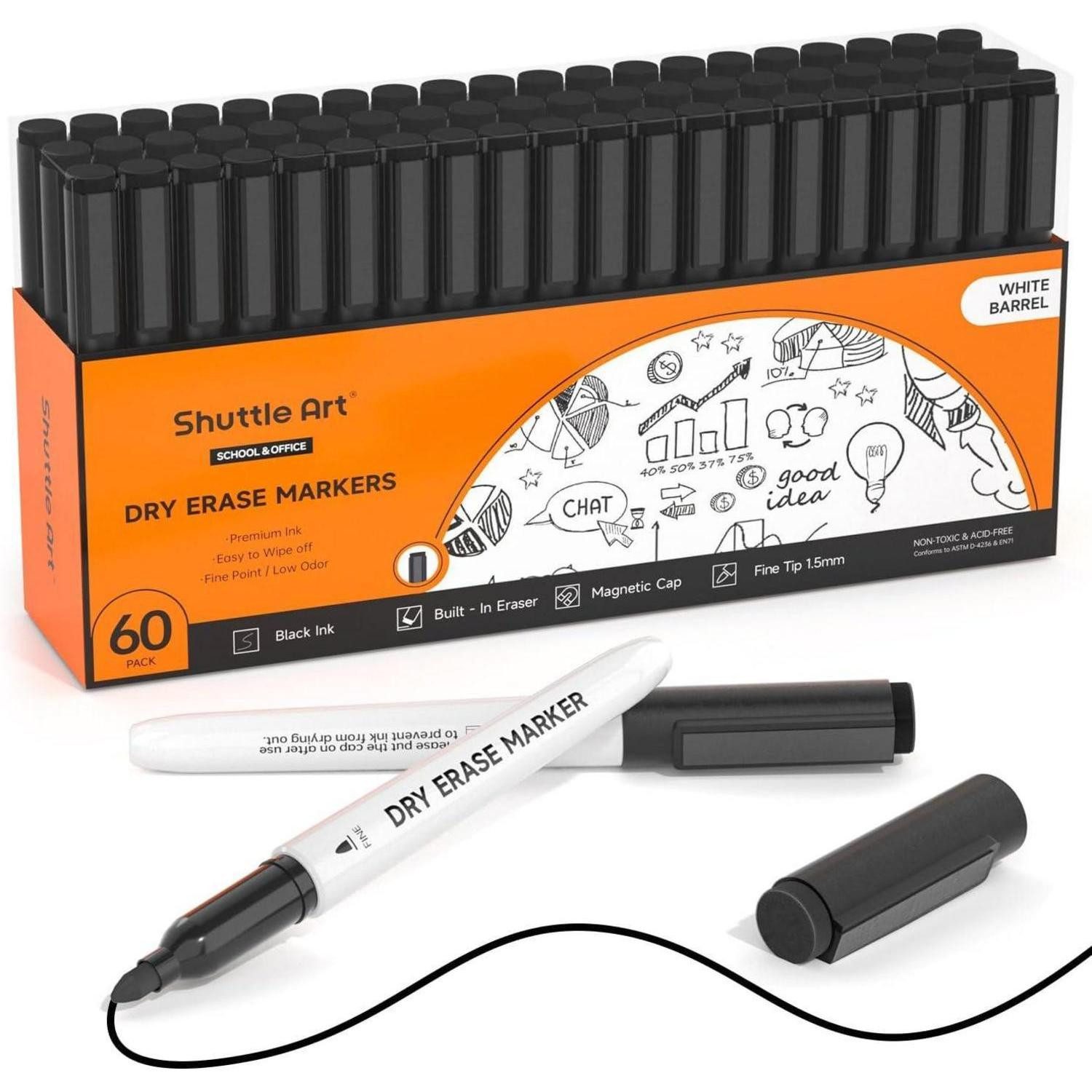 LuxusKollektion Whiteboard Marker Whiteboard Stifte Set 60 schwarze Marker feine Spitze Magnet