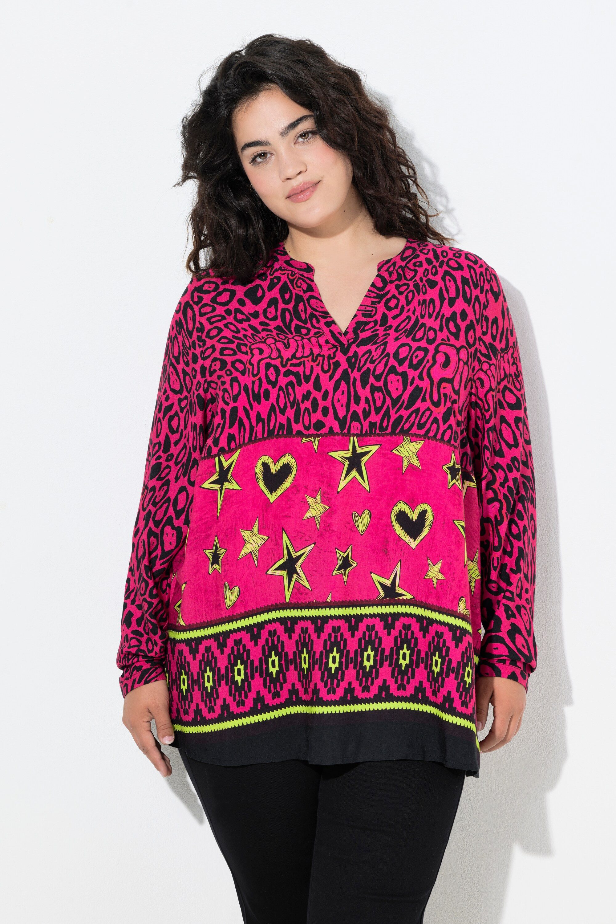 Angel of Style Tunika Tunika farbiges Leomuster Saumstreifen