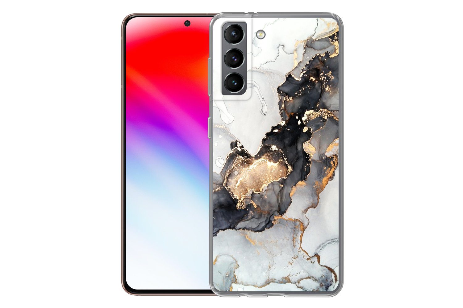 MuchoWow Handyhülle für Samsung Galaxy S21 Marmor - Schwarz - Weiß - Gold - Luxus - Abstra, Phone Case, Silikon, Schutzhülle Dünn