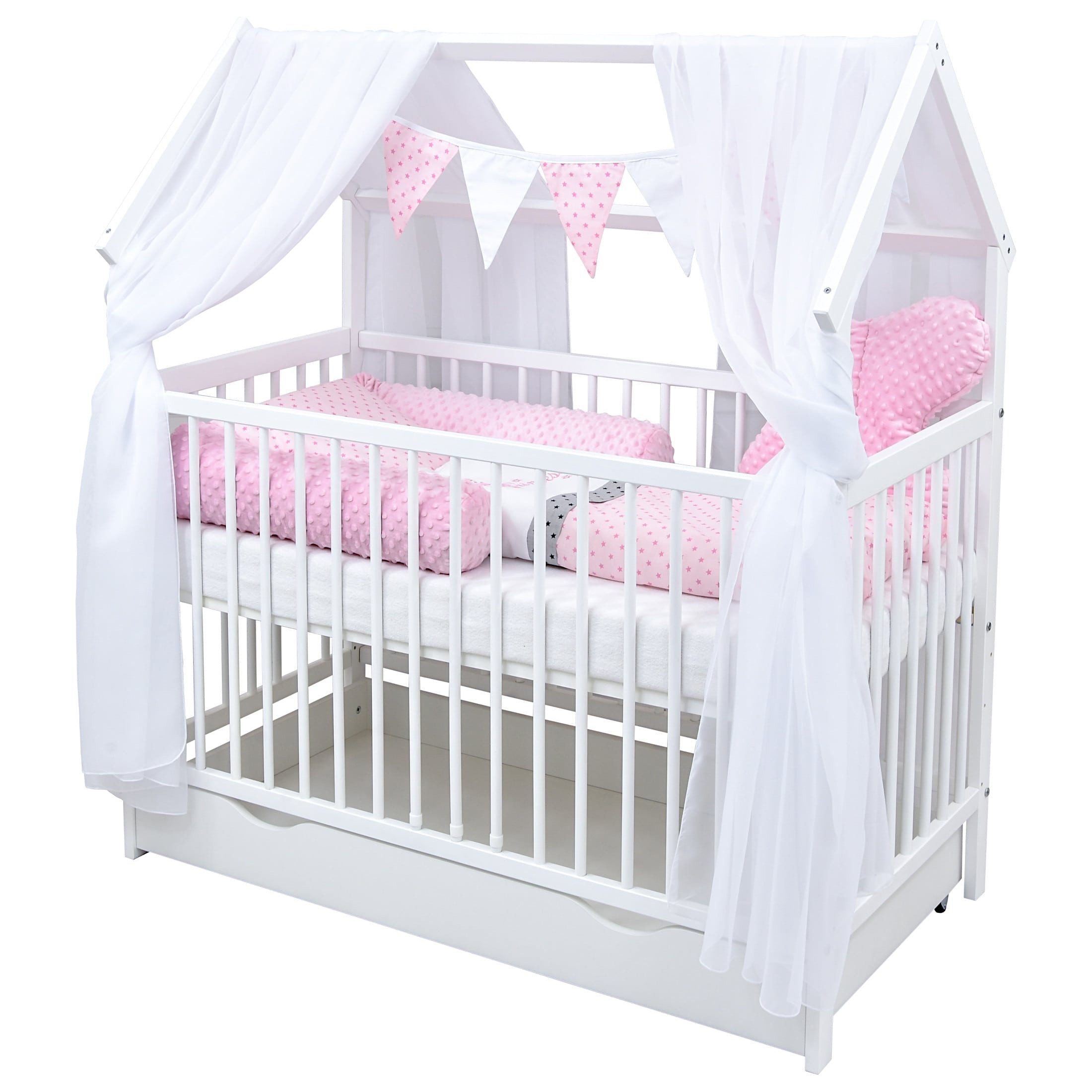 Baby-Delux Komplettbett Hausbett Babybett Schublade Schutzgitter Beißschienen Komplettset, 11-tlg., Kinderbett 60x120 cm weiß, Bettset verschiedene Designs