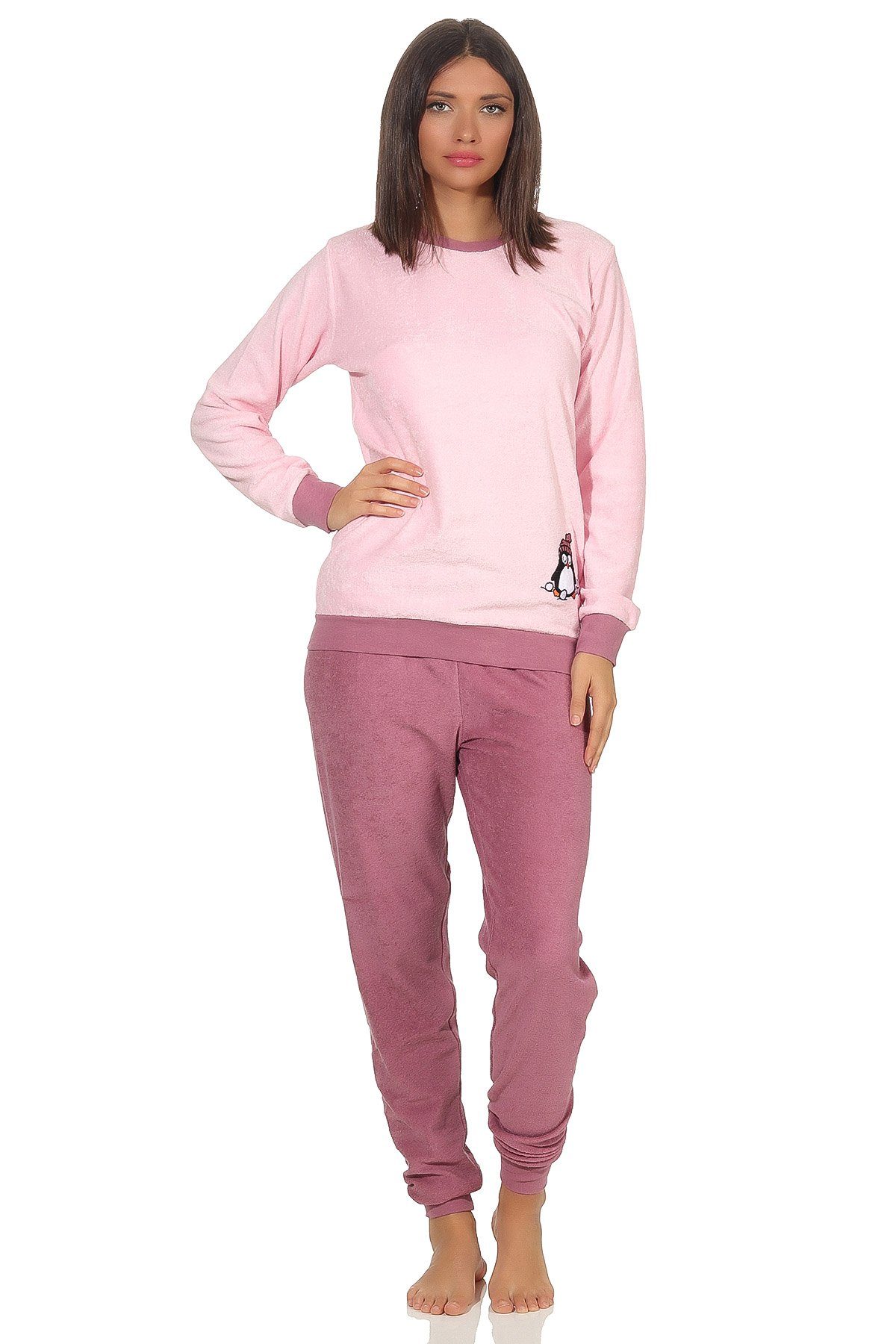 Normann Pyjama Damen Frottee Pyjama langarm mit Bündchen und süßem Pinguin Motiv rosa
