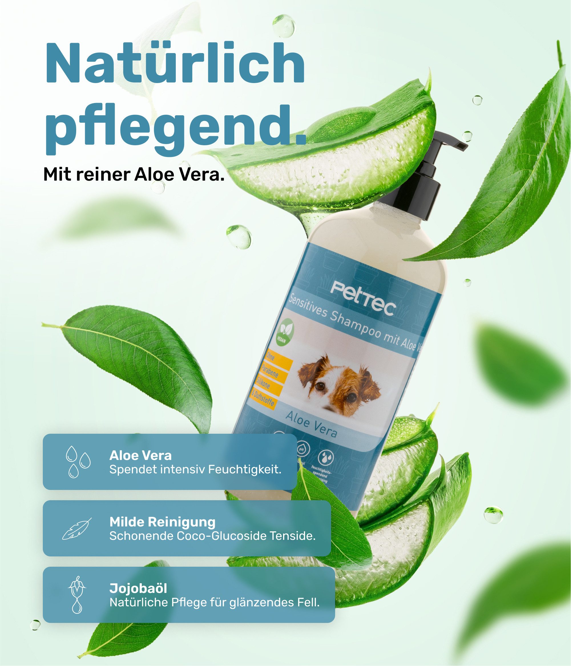 PetTec Tiershampoo Hundeshampoo Aloe Vera, 500 ml, ph-neutral, vegan, allergenfrei, Made in Germany