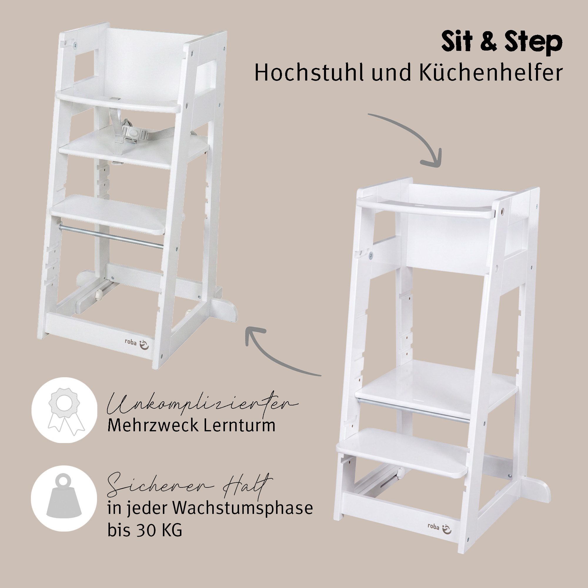 roba® Hochstuhl & Lernturm "2 in 1 Sit & Step" - Aus Holz - Montessori, mit Kippschutz - – Bild 2 von 5