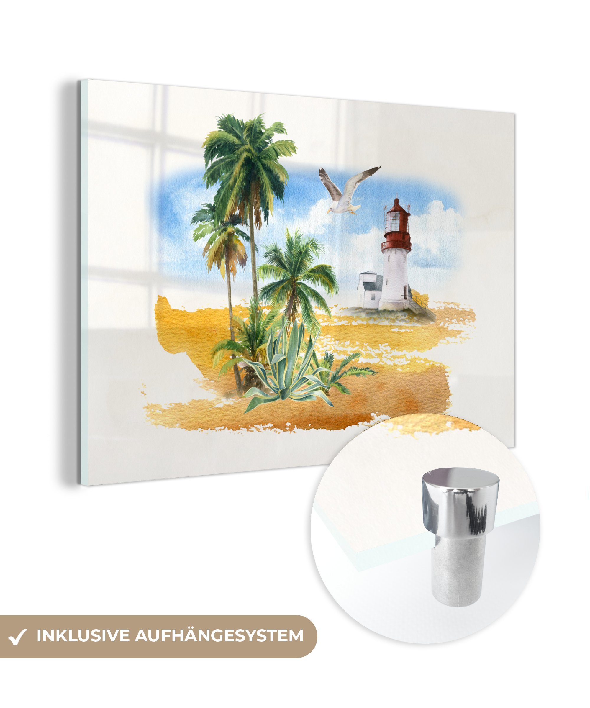 MuchoWow Acrylglasbild Leuchtturm - Palme - Strand, (1 St), Acrylglasbilder Wohnzimmer & Schlafzimmer | Bilder