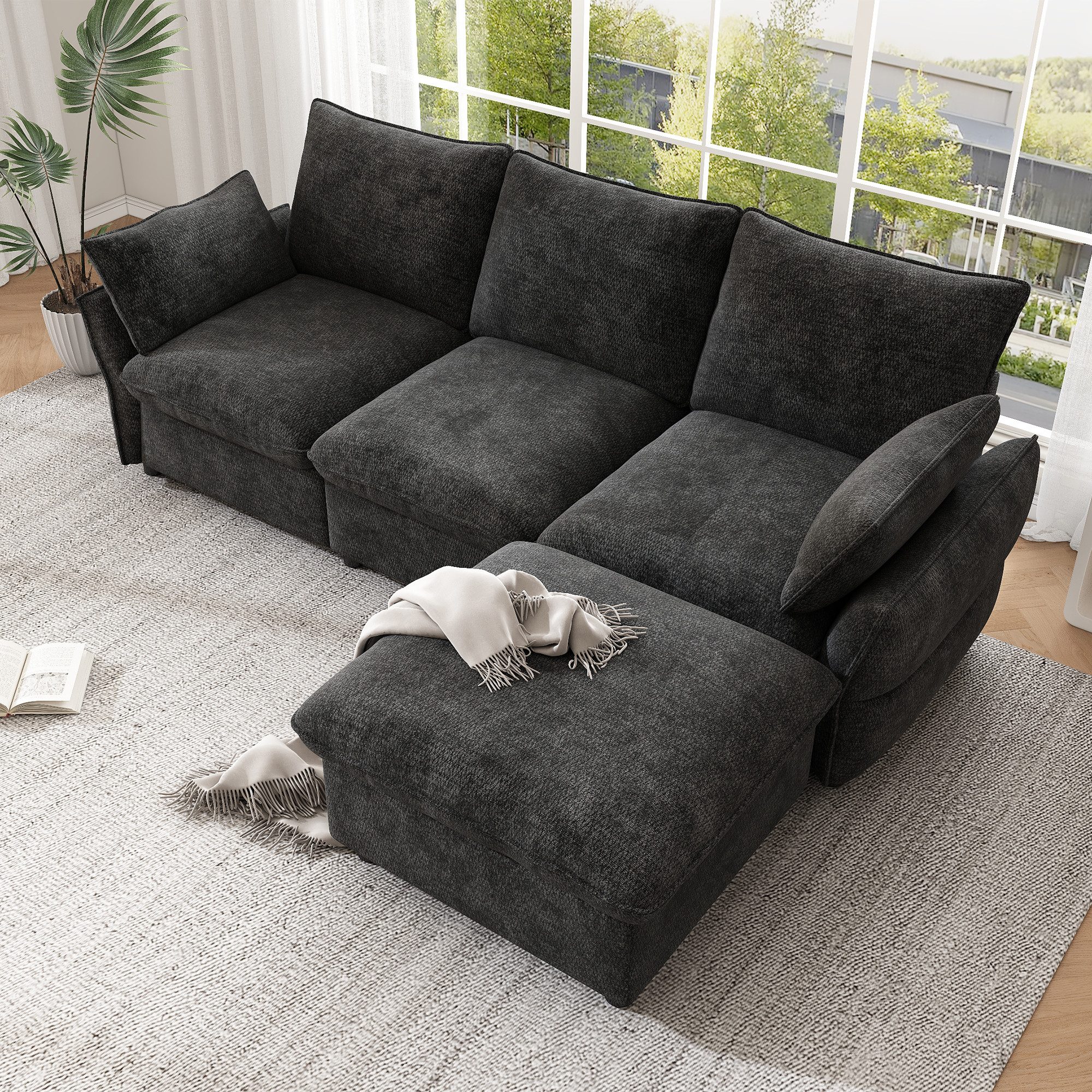 Flieks Ecksofa 3-Sitzer Sofa inkl. 1 Hocker & 2 Zierkissen, 222,5×154,5×76,5 cm 1 Teile, L-Form Couch Chaiselongue mit Schlaffunktion, Chenille, Dunkelgrau