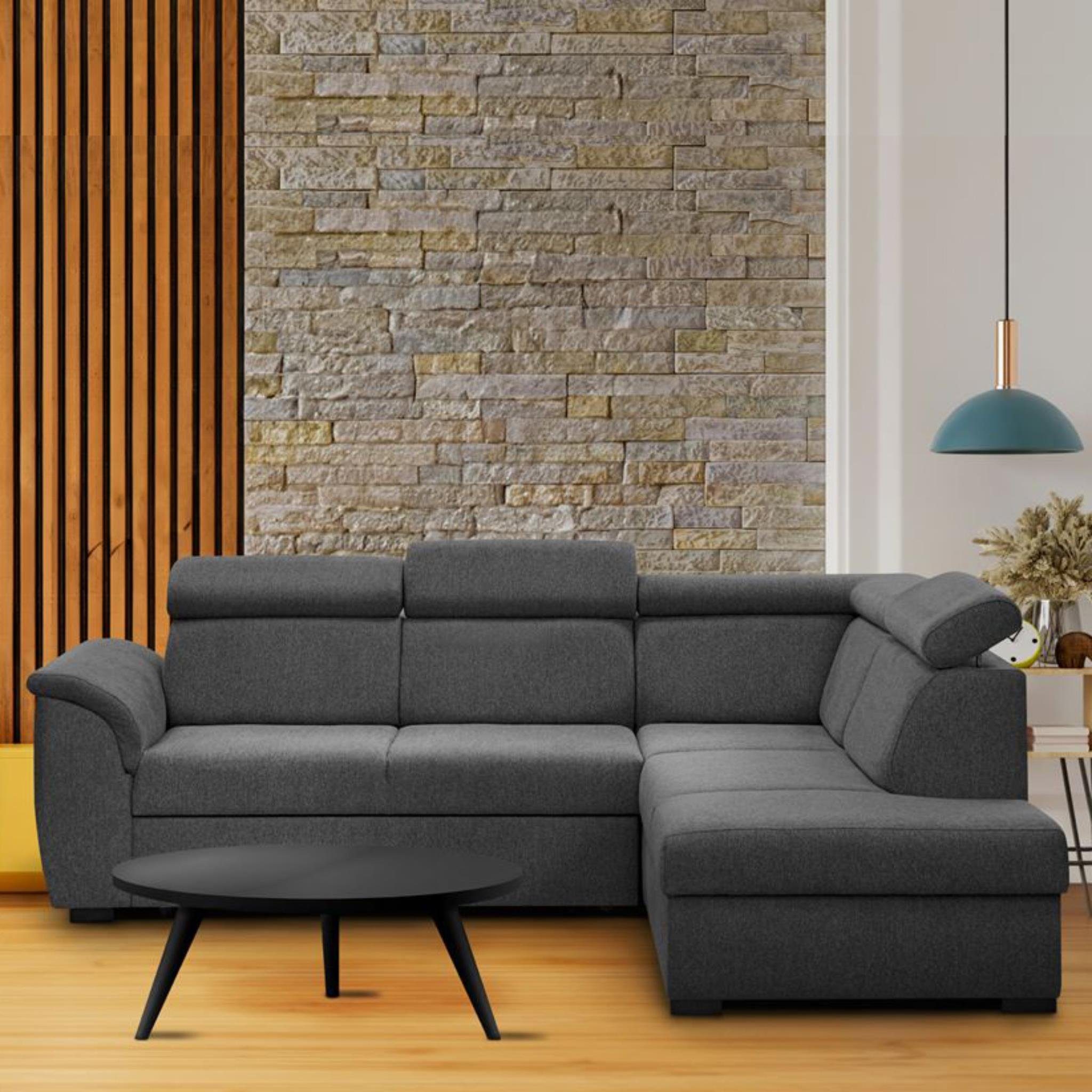 Beautysofa Ecksofa Madera, mit Schlaffunktion, Bettkasten, verstellbare Kopfstützen, L-förmige Corner Schlafsofa, ausziehbare Corner Sofa, L-Form Polsterecke im modernes Stil Dunkelgrau (matana 05)