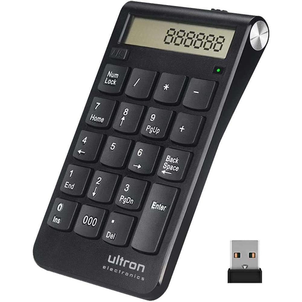 Ultron UN2 Nummernblock + Taschenrechner Wireless-Tastatur (2,4 GHz, Funk, 12 Zeichen Display, Akku, Micro USB Ladekabel)