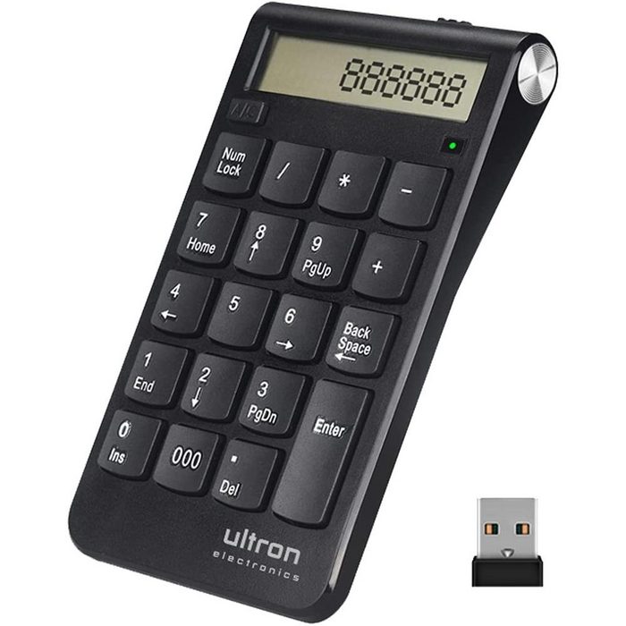 Ultron UN2 Nummernblock + Taschenrechner Wireless-Tastatur (2 4 GHz Funk 10 m Reichweite 12 Zeichen Display Akku Micro USB Ladekabel kabelloser Ziffernblock Zusatztastatur Erweiterung Keypad Schwarz)